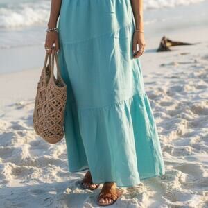 Bardot Turquoise Linen Tiered Maxi Skirt Size 6 Medium Boho Coastal Summer Chic